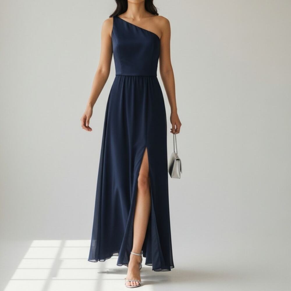 After Six Formal Dress Midnight Blue Single Shoulder Front Slit Chiffon Size 12